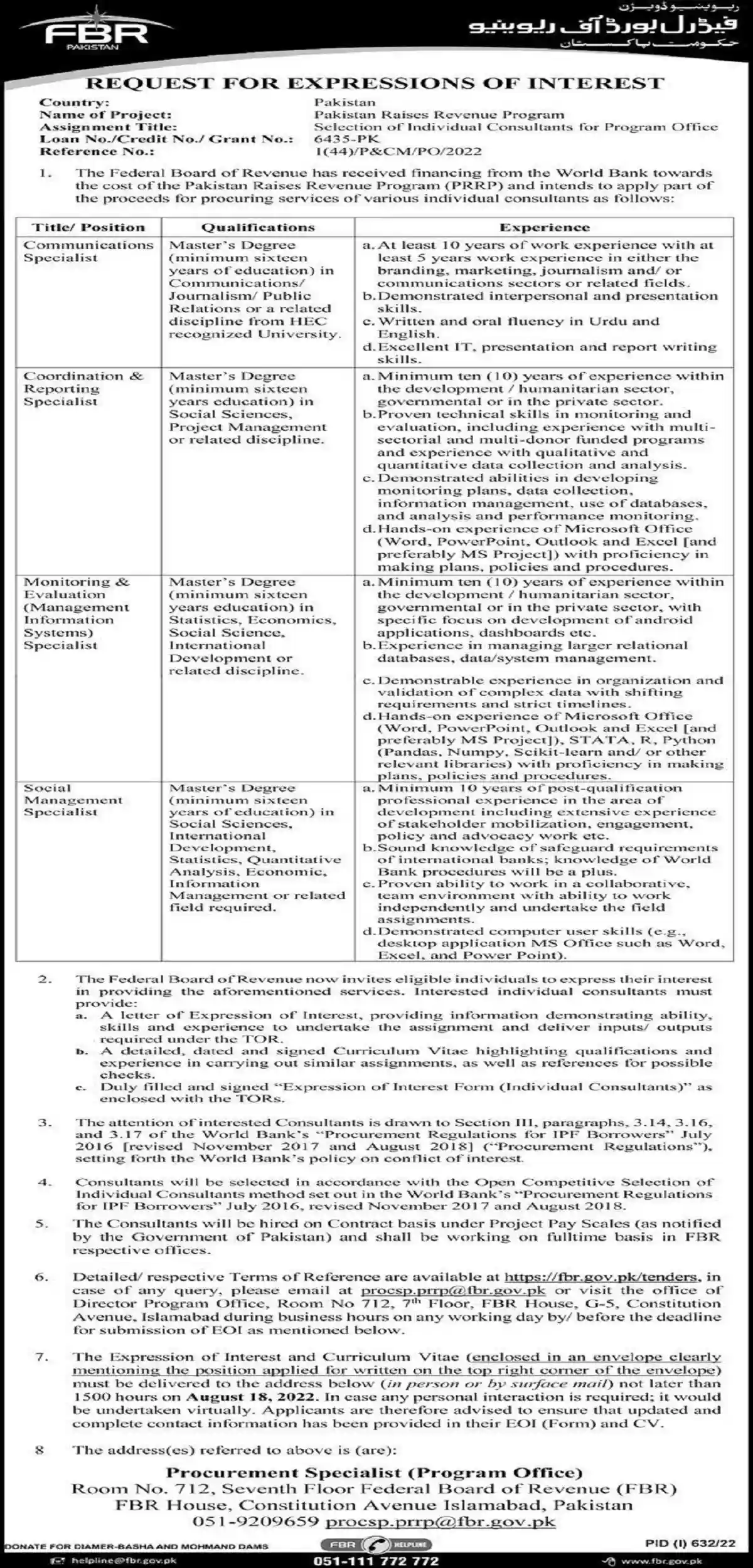 Federal Board of Revenue FBR Jobs 2022 Expression of Interest EOI Federal Board of Revenue FBR Jobs 2022 Expression of Interest EOI