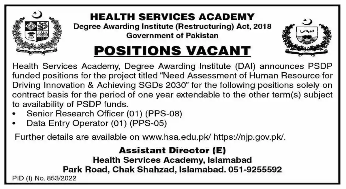 Health Services Academy HSA Islamabad Jobs 2022 Govt of Pakistan Apply Online Health Services Academy HSA Islamabad Jobs 2022 Govt of Pakistan Apply Online
