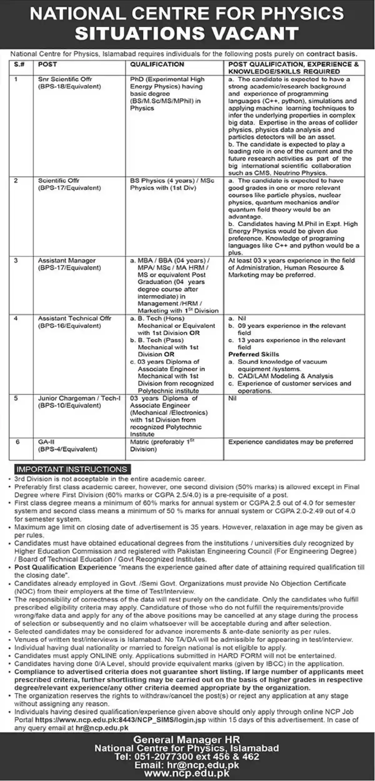 National Centre for Physics NCP Jobs 2022 Islamabad Online Apply