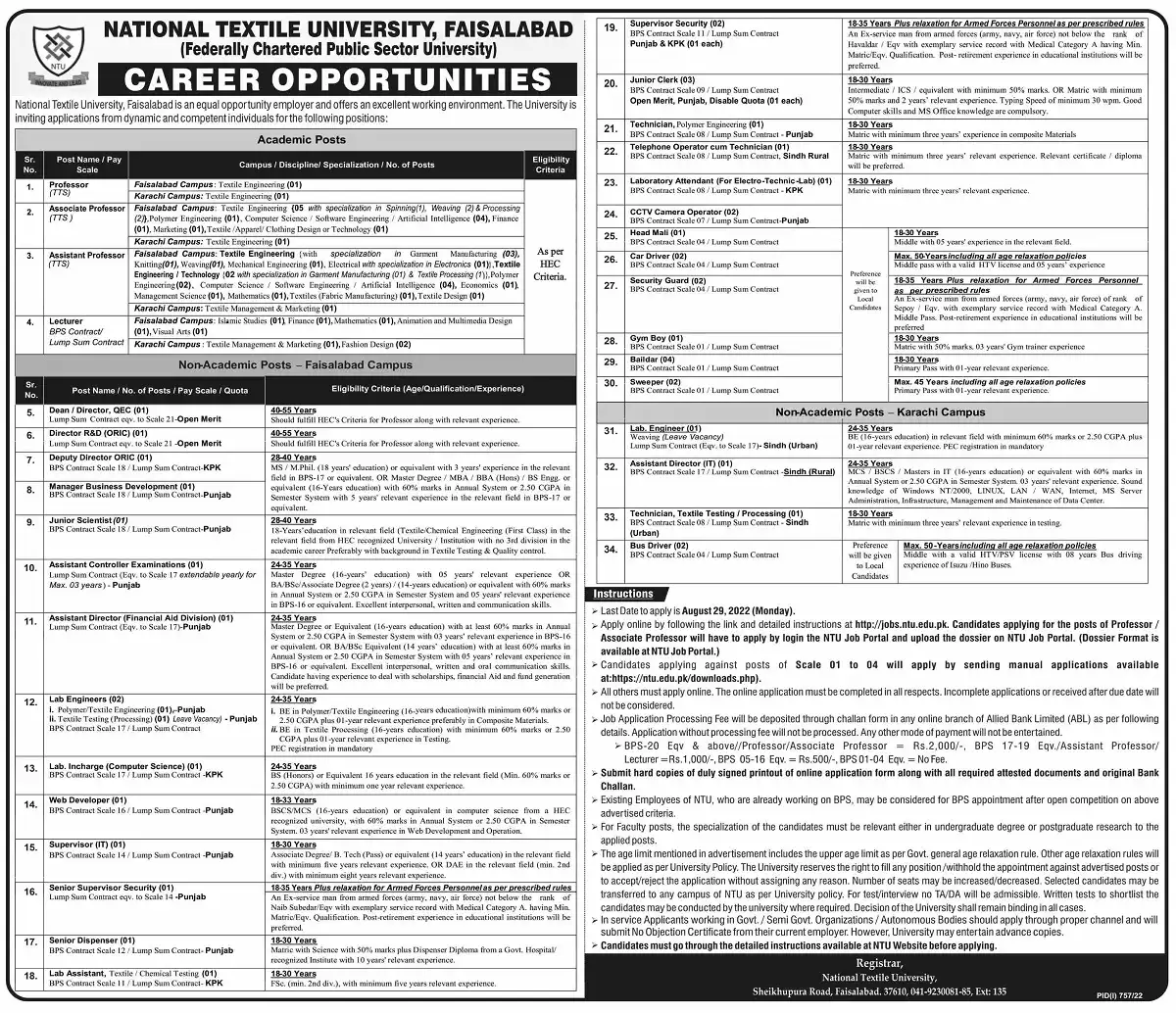 National Textile University NTU Faisalabad Jobs 2022 Advertisement Latest