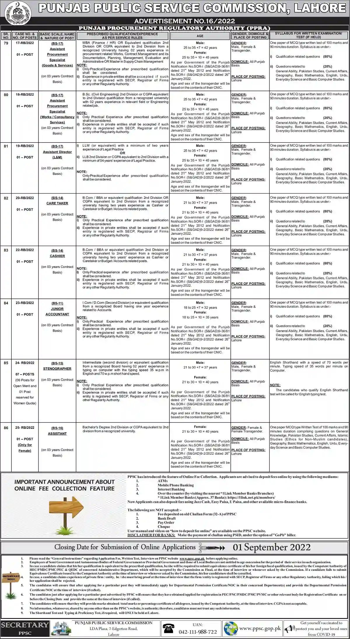 PPSC Jobs 2022 Advertisement 16 Punjab Procurement Regulatory Authority PPRA