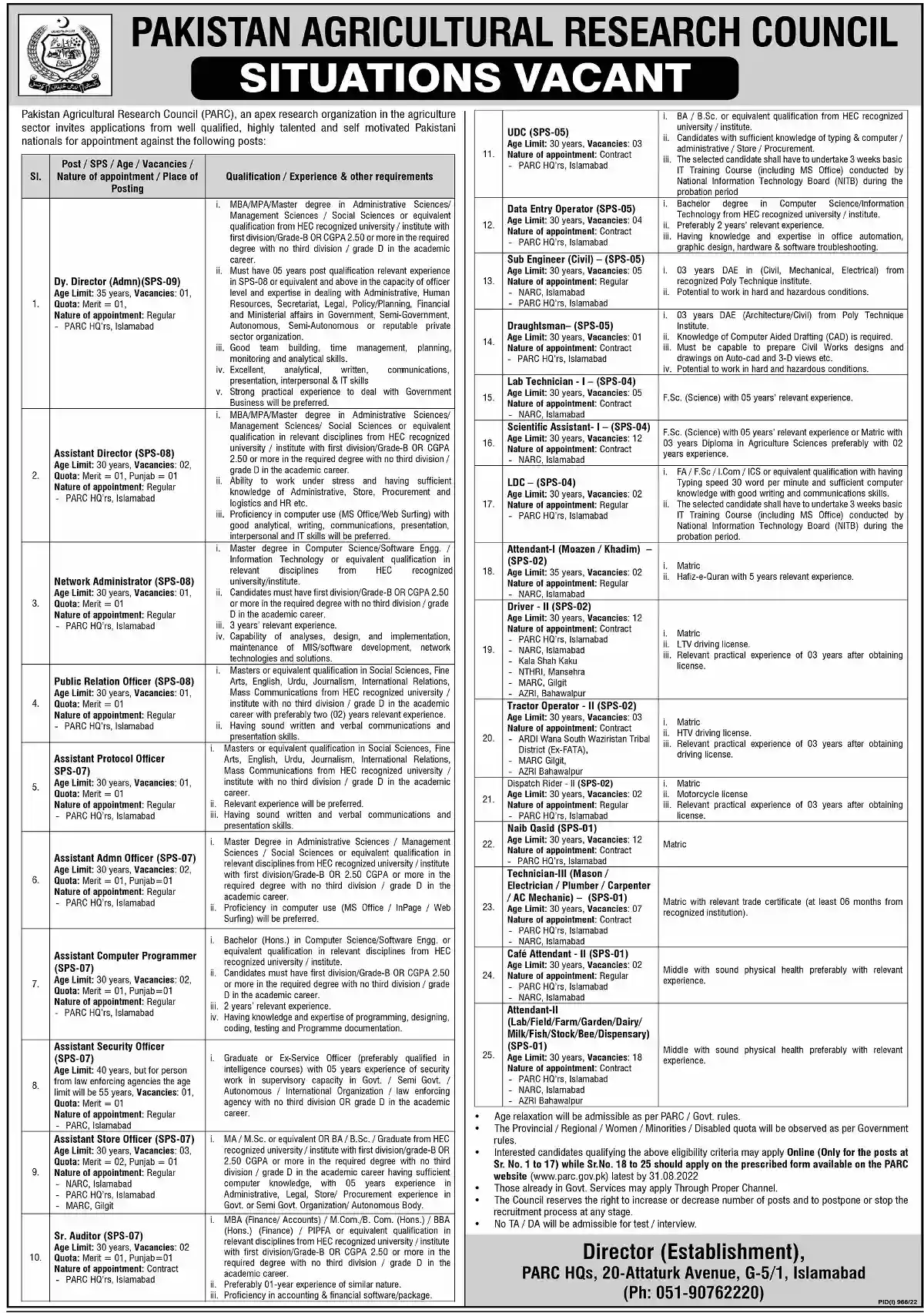 Pakistan Agricultural Research Council PARC Jobs 2022 Online Apply Latest