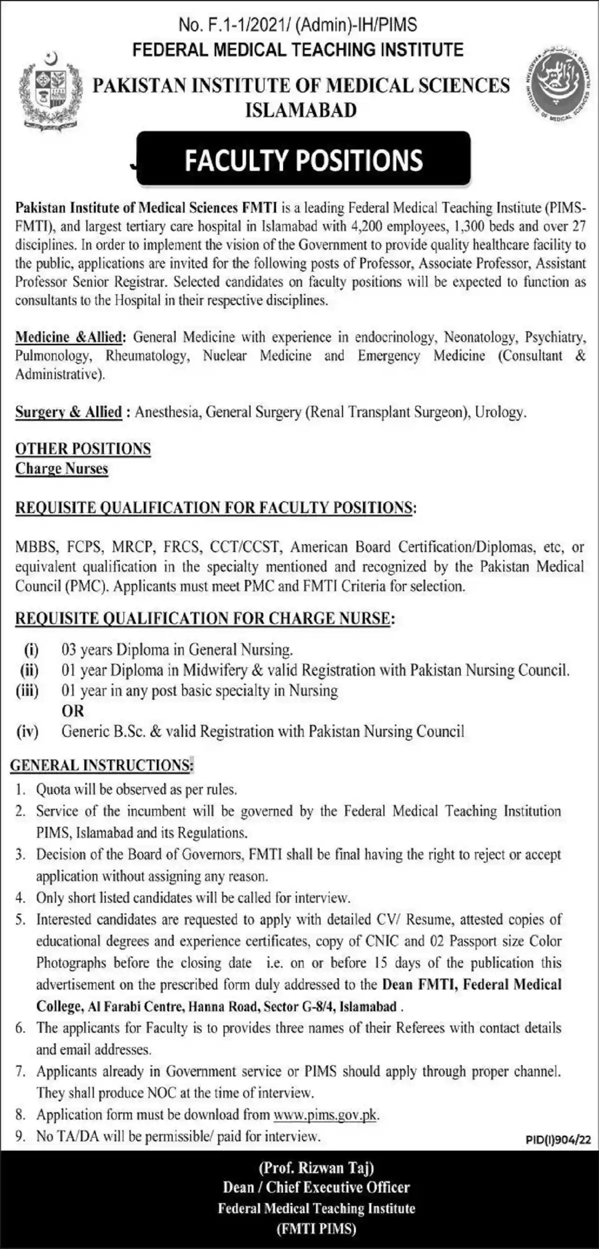 Pakistan Institute of Medical Sciences PIMS Jobs 2022 Islamabad FMTI Latest