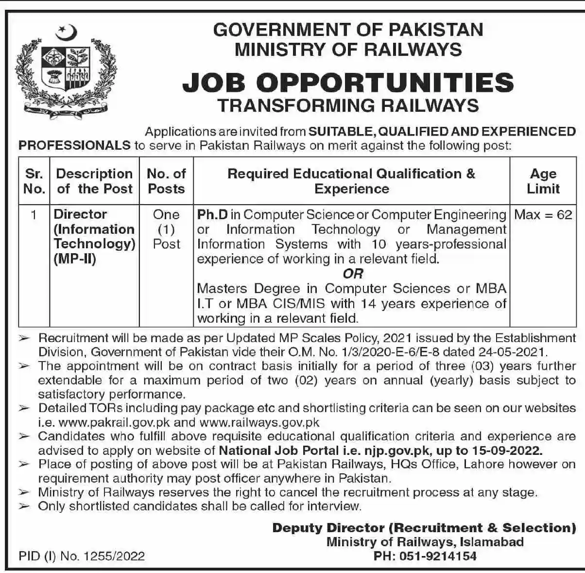 Pakistan Railways Jobs 2022 Ministry of Railways Govt of Pakistan Director IT