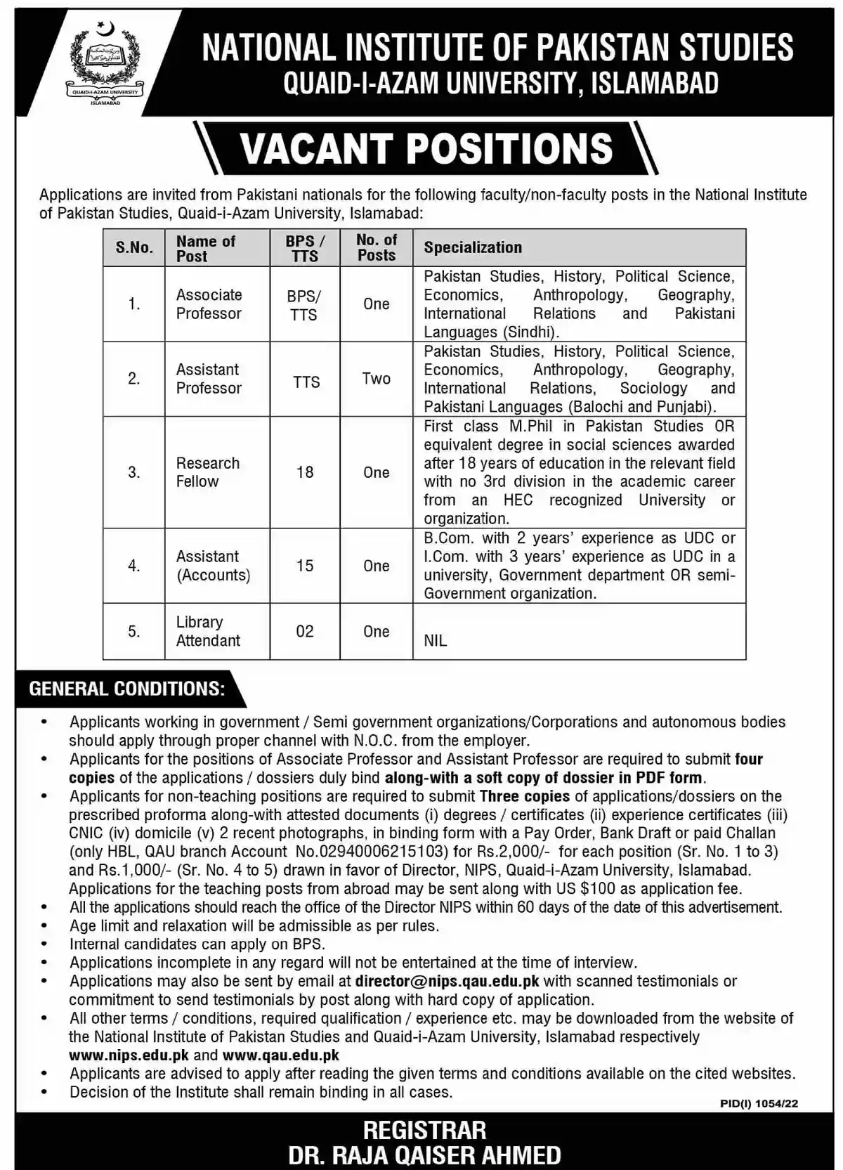 Quaid-i-Azam University Jobs 2022 National Institute of Pakistan Studies NIPS