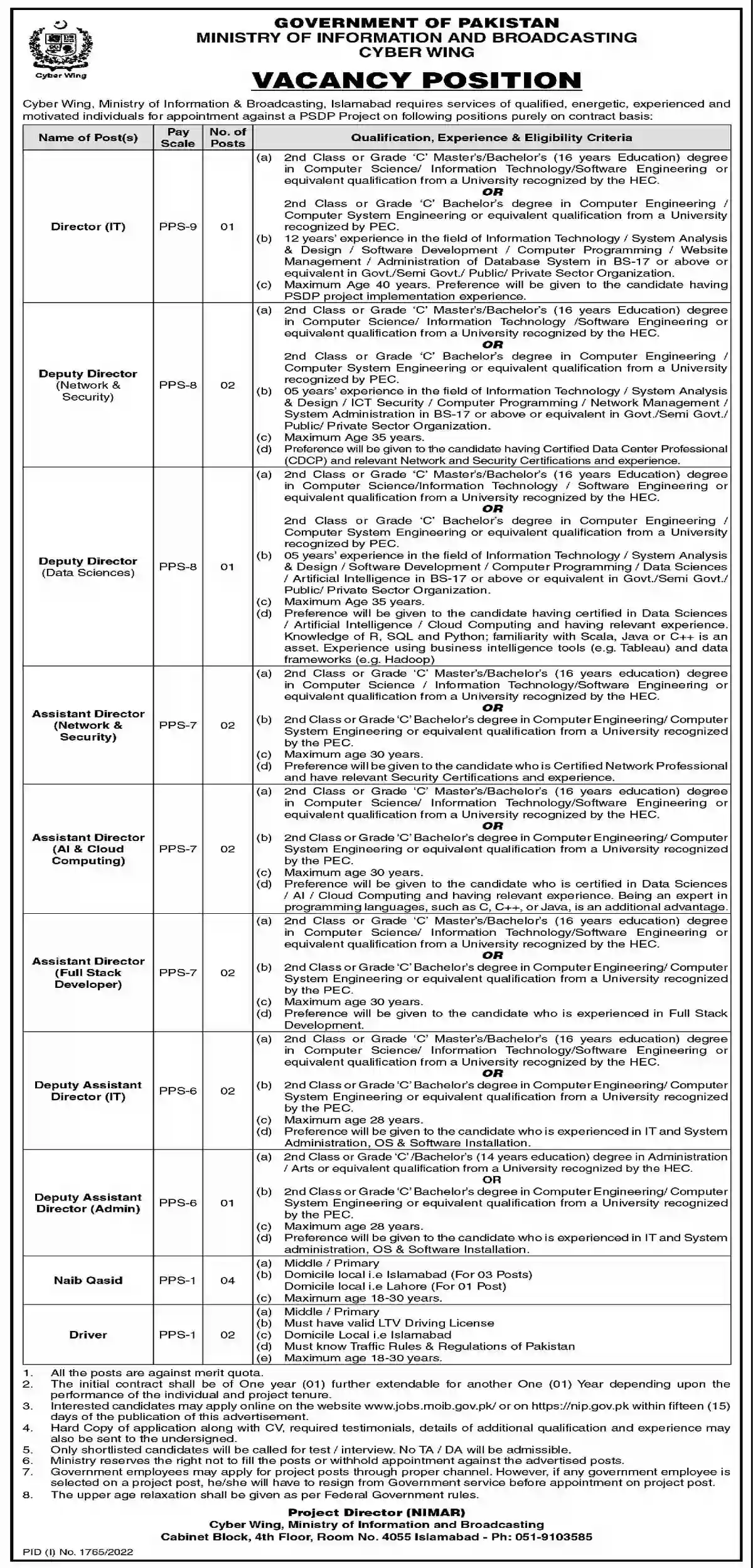 Cyber Wing Ministry of Information & Broadcasting MOIB Jobs 2022 Apply Online