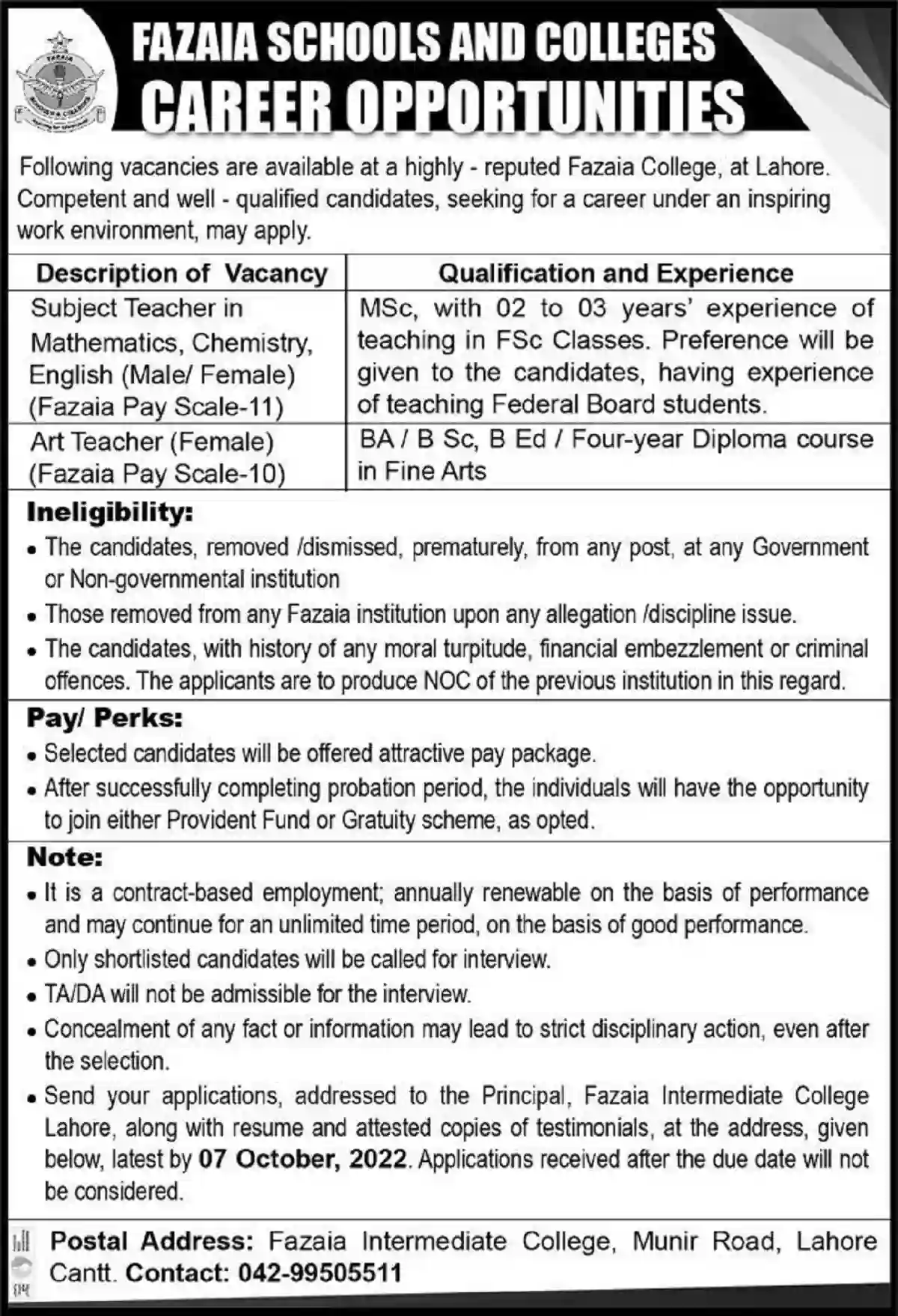 Fazaia Inter College Munir Road Lahore Teaching Jobs 2022 Latest Fazaia Inter College Munir Road Lahore Teaching Jobs 2022 Latest