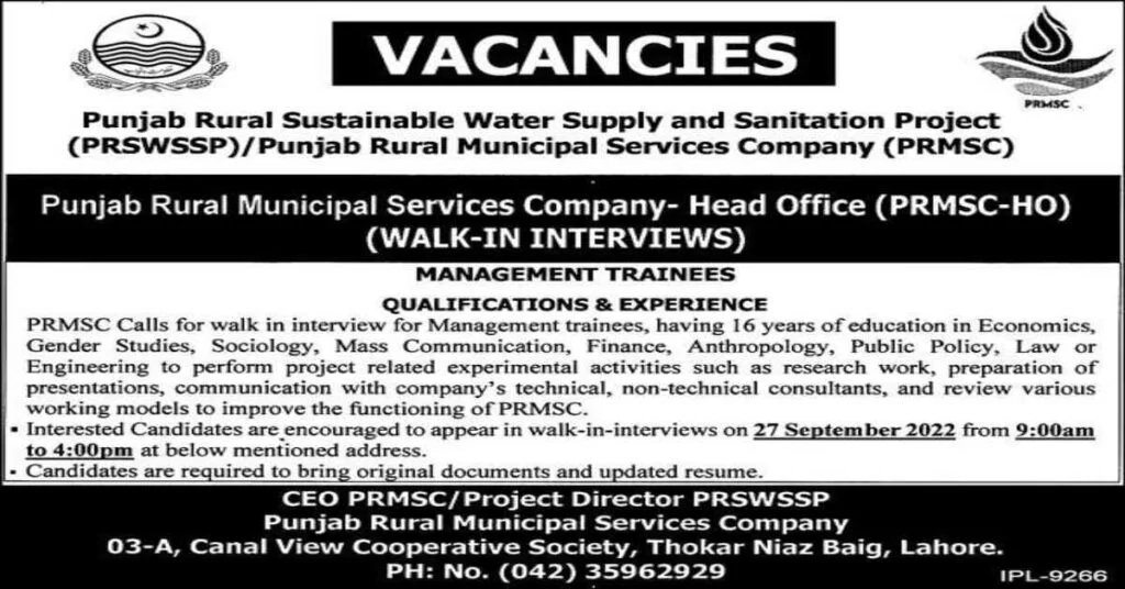 Featured Image Punjab Rural Municipal Services Company PRMSC Jobs 2022 Management Trainees Walk in Interviews