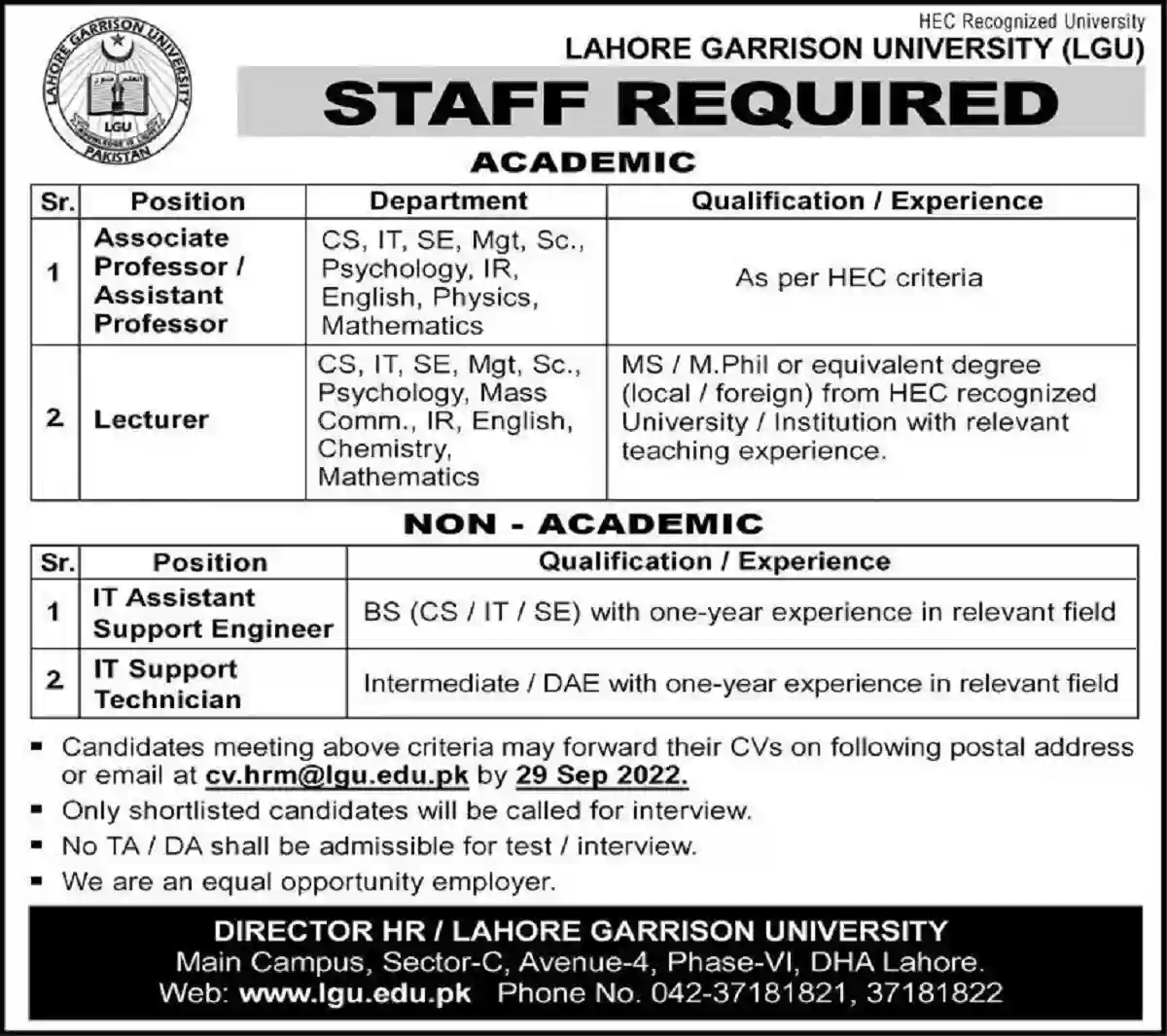 Lahore Garrison University LGU Faculty and Non-Faculty Jobs 2022 Latest