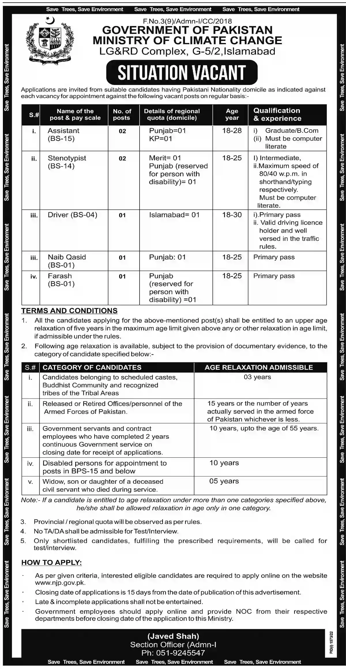 Ministry of Climate Change MOCC Jobs 2022 Apply Online Govt of Pakistan