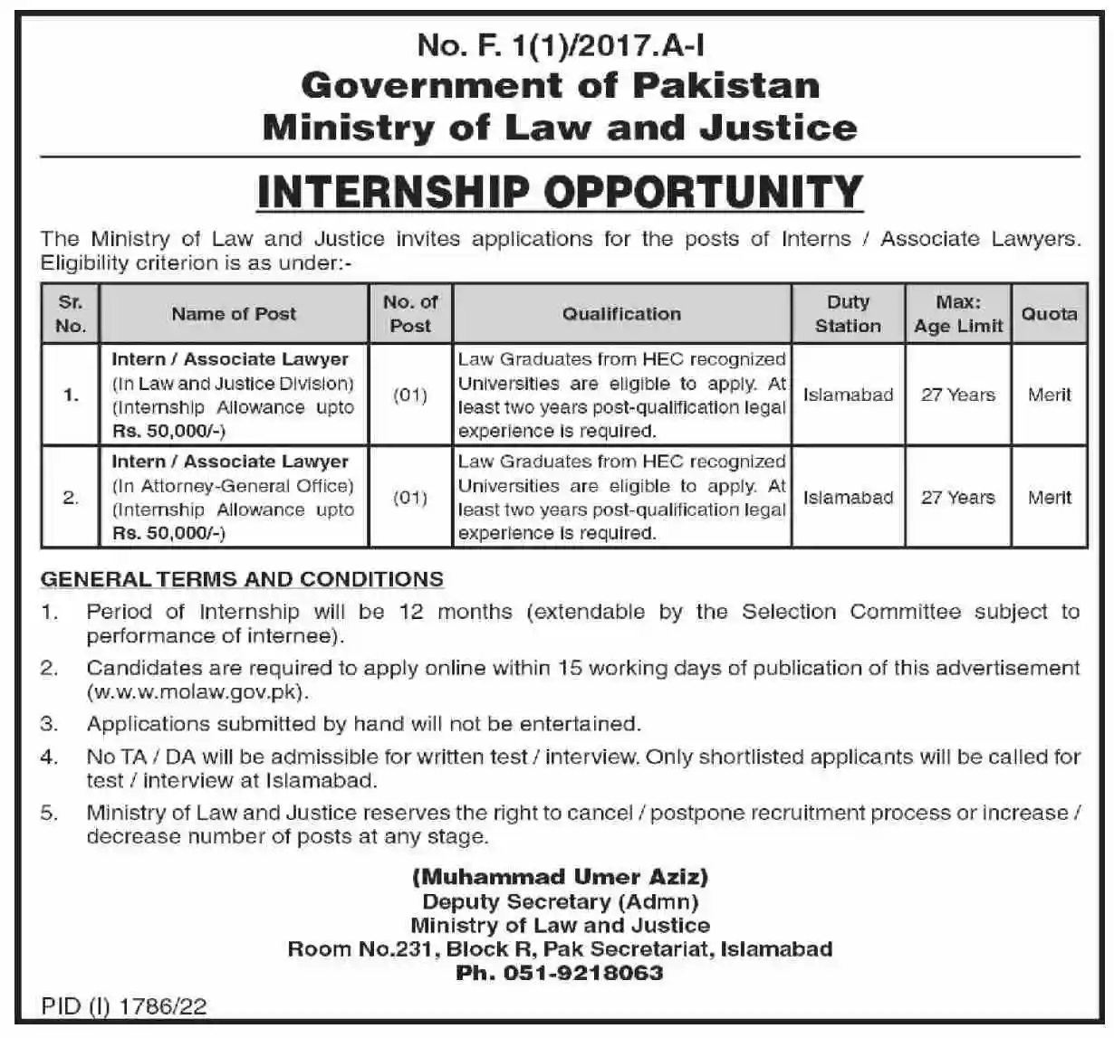 Ministry of Law and Justice Internship 2022 www.molaw.gov.pk Apply Online