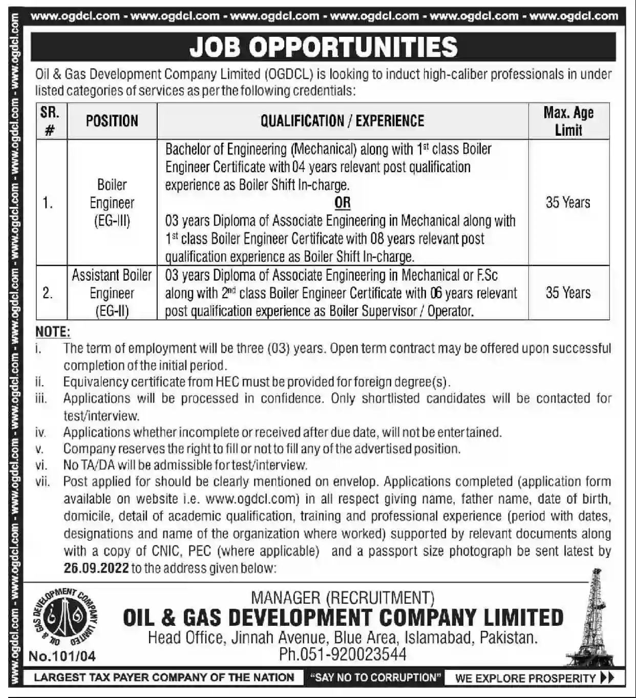 Oil & Gas Development Company Limited OGDCL Jobs 2022 www.ogdcl.com