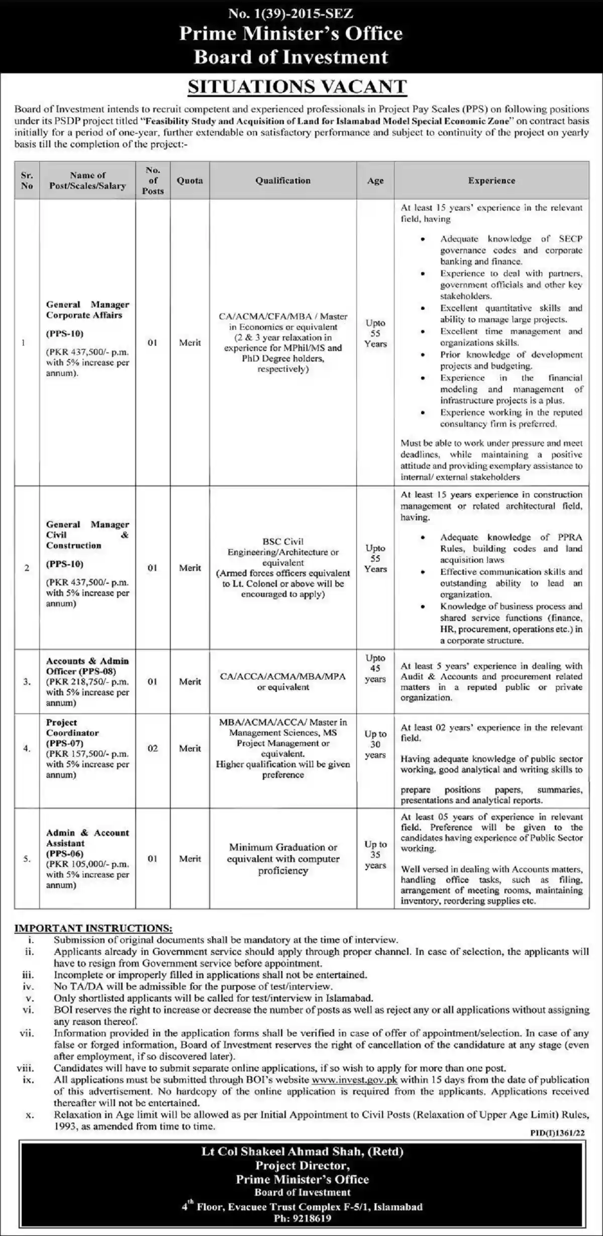 Prime Minister PM Office Jobs 2022 Board of Investment BOI Apply Online