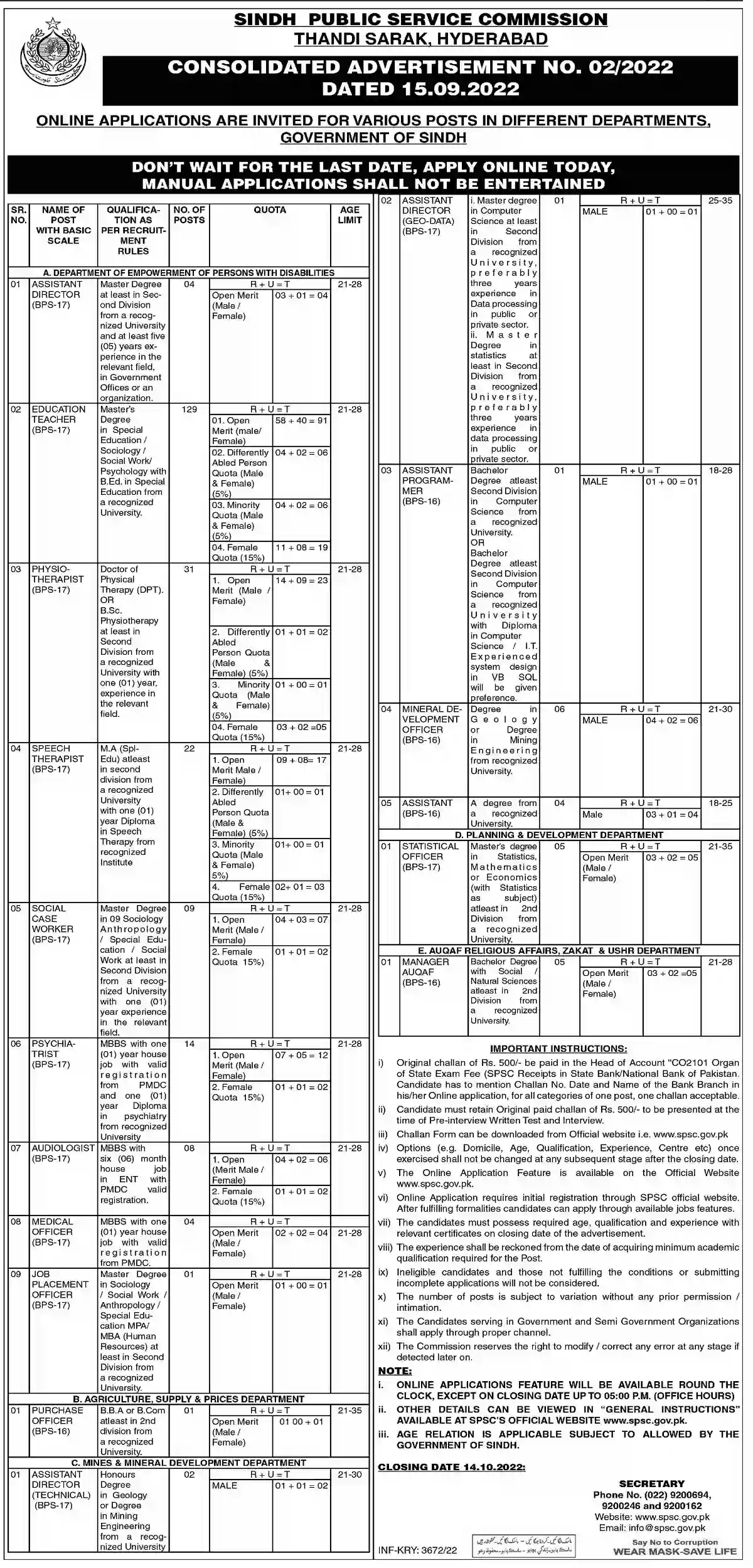 SPSC Jobs 2022 Consolidated Advertisement No 2/2022 Apply Online