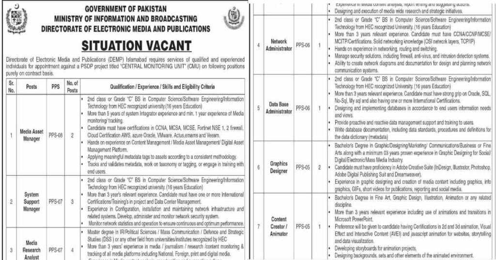 Ministry of Information and Broadcasting MOIB Jobs 2022 DEMP Islamabad -  Filectory