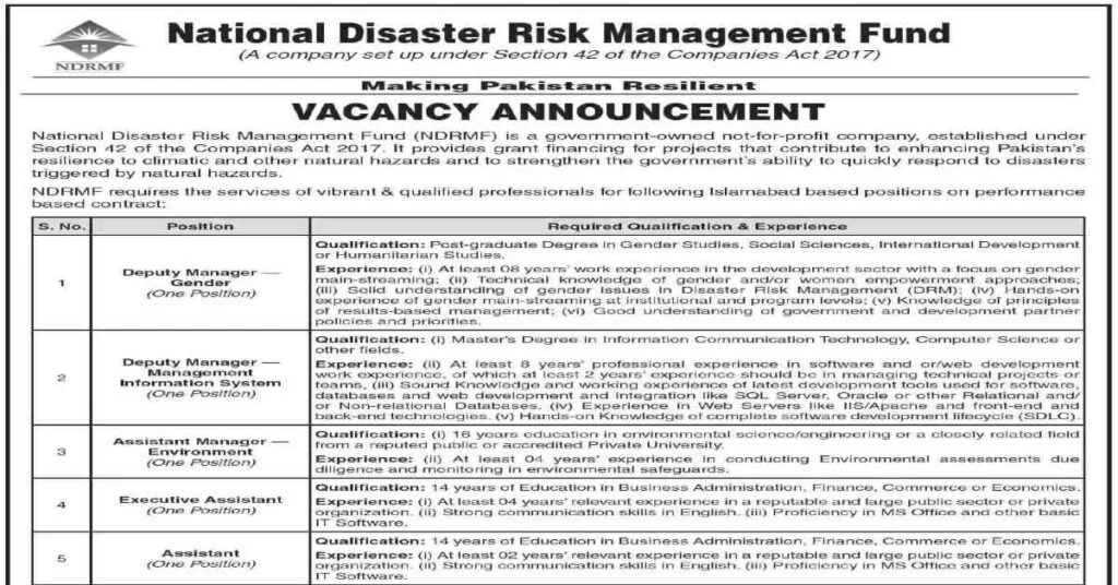 Featured Image National Disaster Risk Management Fund NDRMF Jobs www.ndrmf.pk
