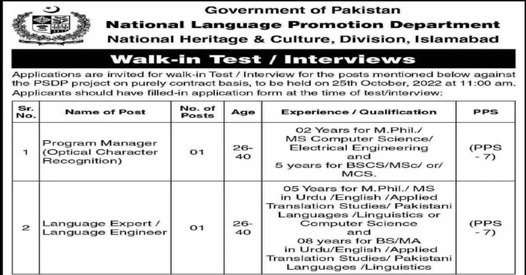 Featured Image National Language Promotion Department Jobs 2022 National Heritage & Culture Division Walk in Tests and Interviews