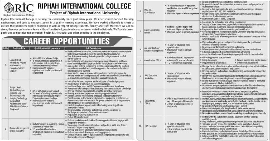 Featured Image Riphah International College RIC Jobs 2022 Lahore Apply Online Latest