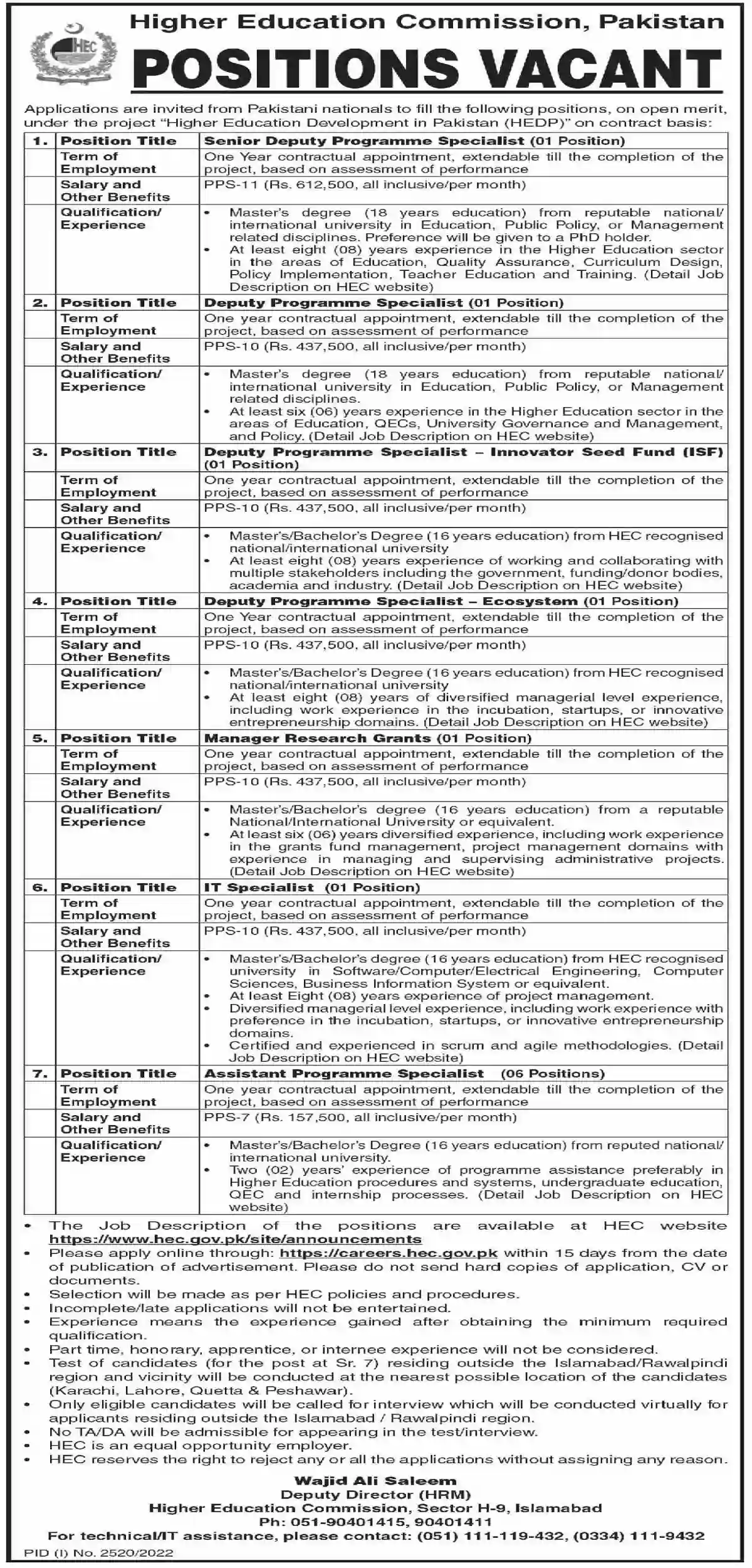 Higher Education Commission HEC Jobs 2022 for Project Funded Positions 1