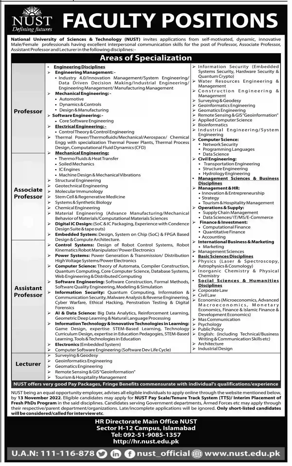 National University of Science and Technology NUST Faculty Jobs 2022