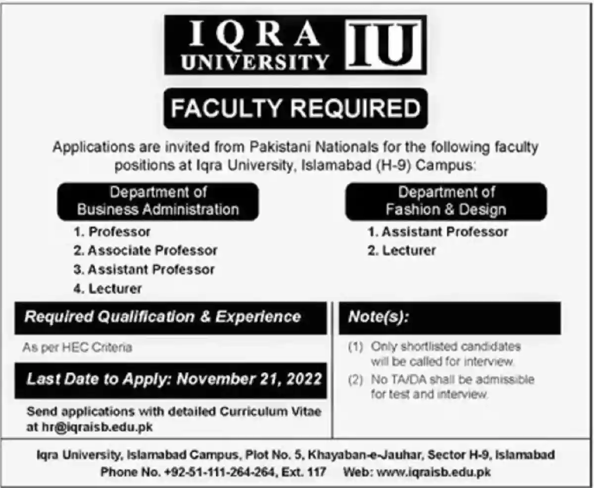 IQRA University Islamabad Faculty Jobs 2022 Apply Online Latest