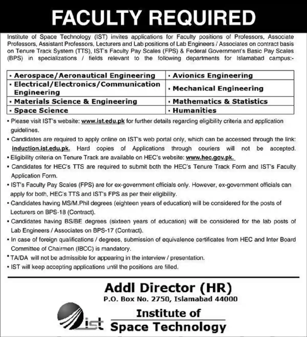 Institute of Space Technology IST Faculty Jobs 2022 Online Apply Latest