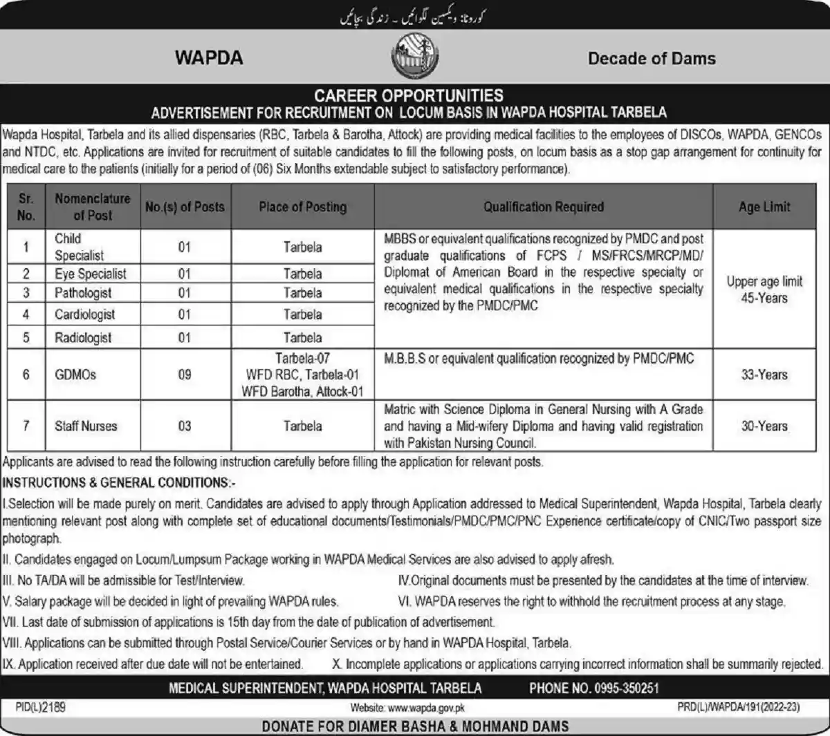 Wapda Hospital Jobs 2023 Tarbela Medical Staff Required Latest Advertisement
