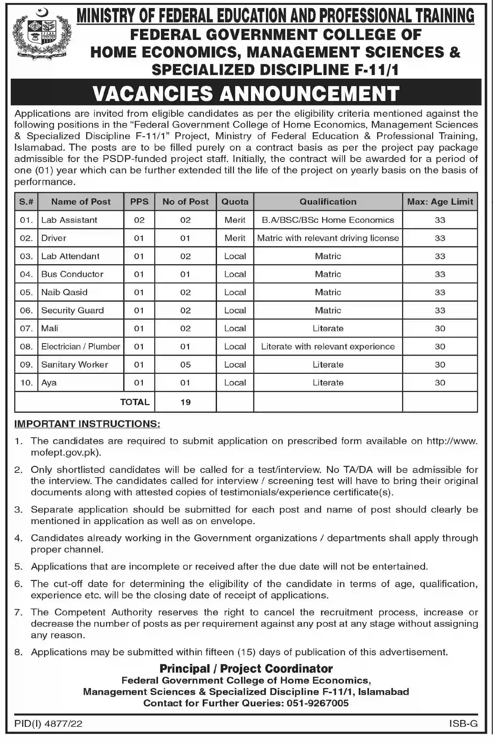FG College of Home Economics Management Sciences Islamabad Jobs 2023