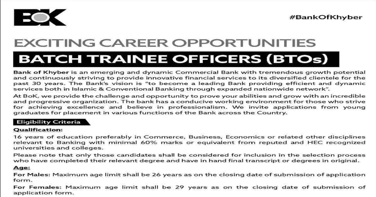 Featured Image Bank of Khyber BOK Batch Trainee Officers BTO Jobs 2023 NTS Apply Online
