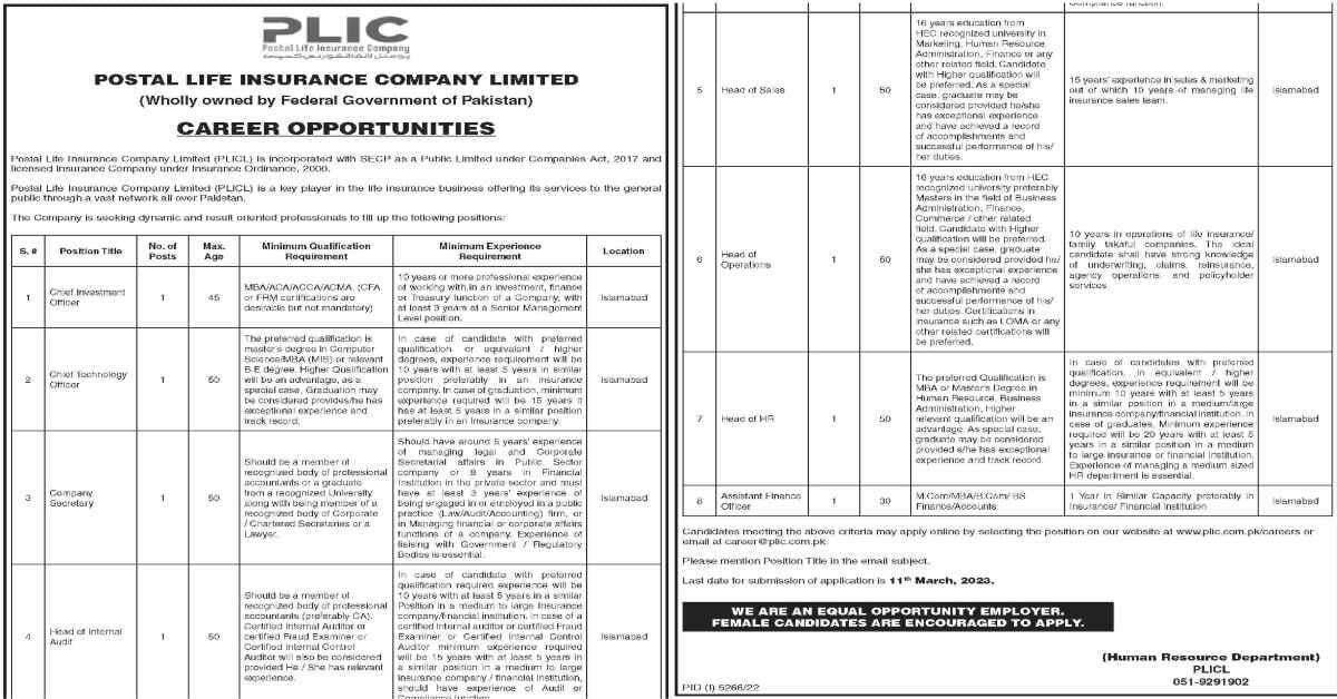 Featured Image Postal Life Insurance Company Limited PLIC Jobs 2023 Apply Online