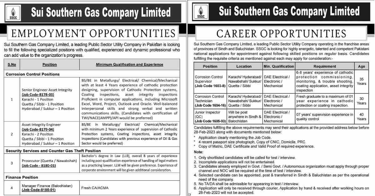 Featured Image Sui Southern Gas Company Limited SSGCL Jobs 2023 Advertisement Latest