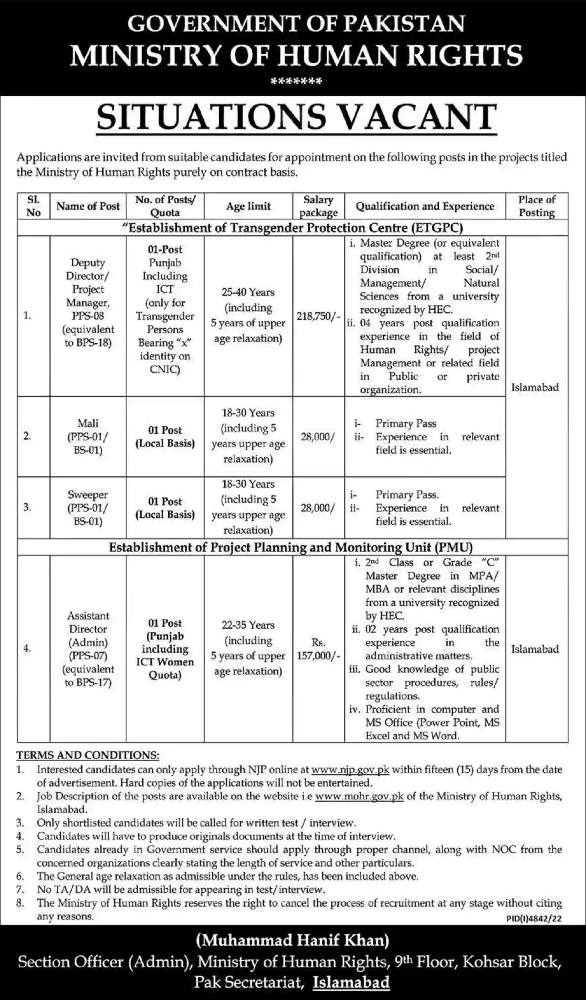Ministry of Human Rights Jobs 2023 Government of Pakistan Latest