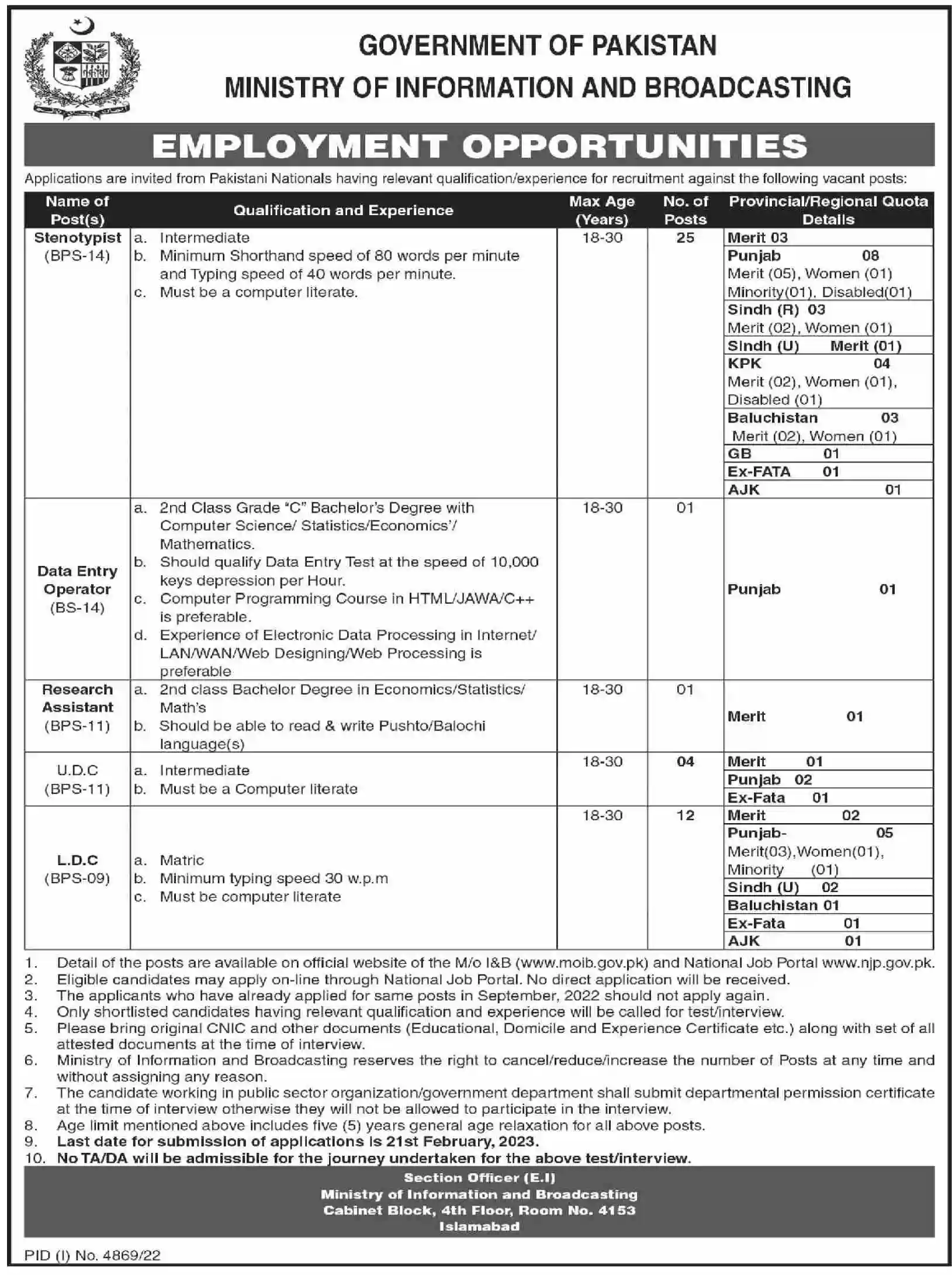 Ministry of Information and Broadcasting MOIB Jobs 2023 Apply Online