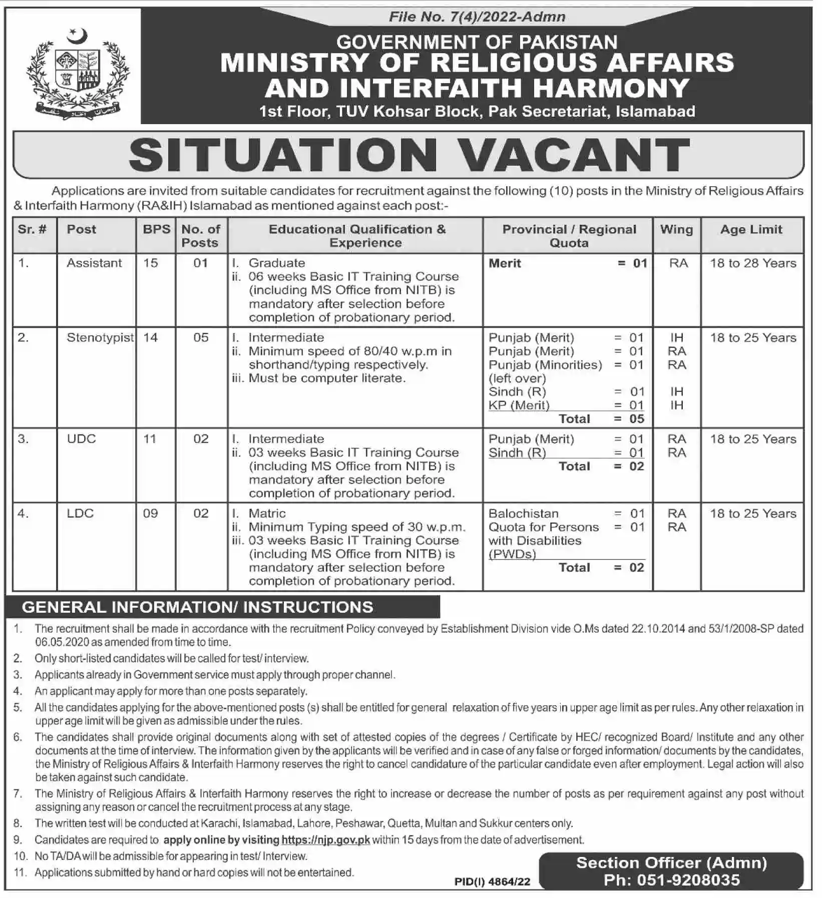 Ministry of Religious Affairs and Interfaith Harmony Jobs 2023 Latest