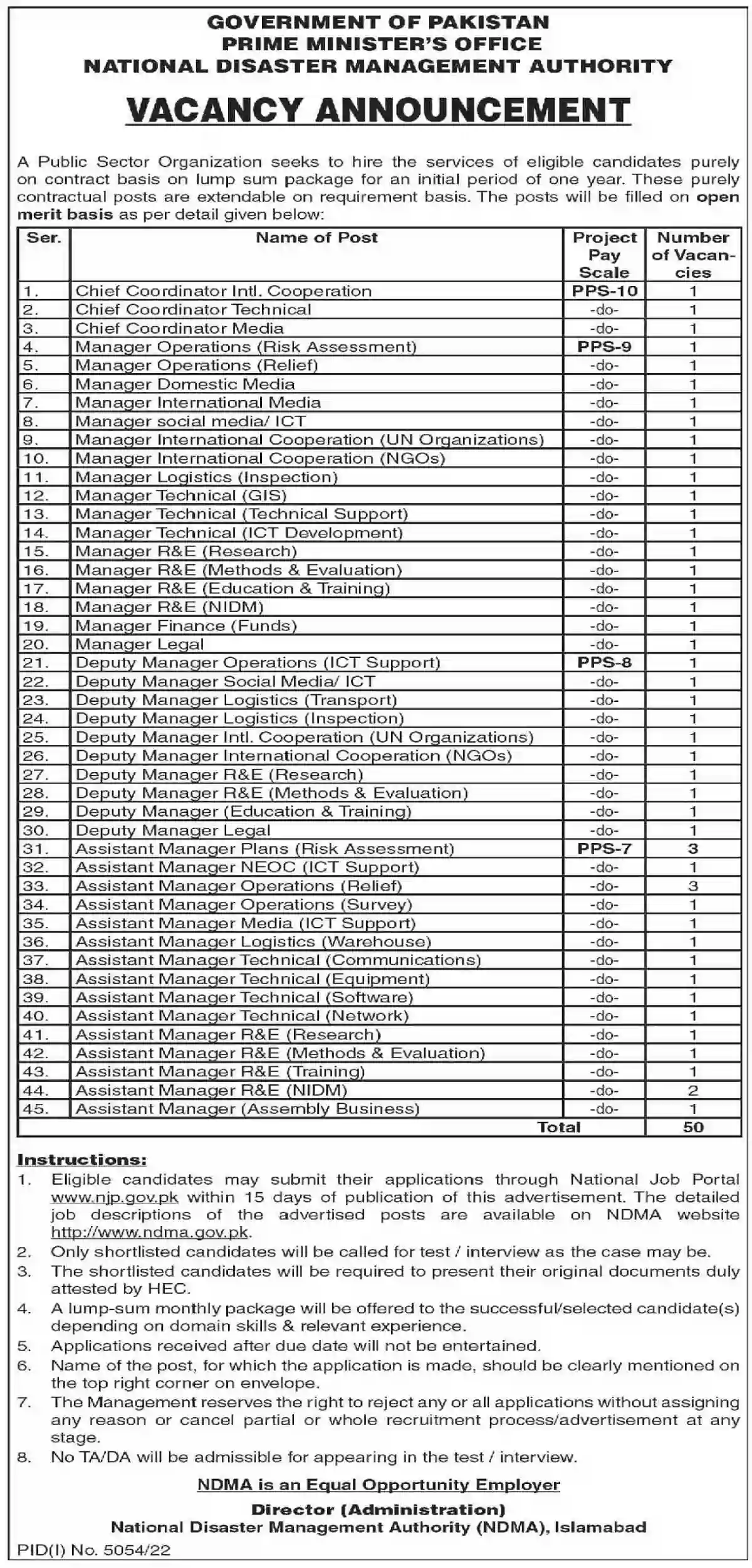 National Disaster Management Authority NDMA Jobs 2023 Prime Minister Office