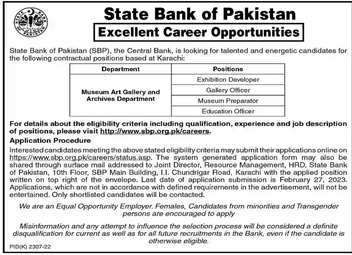 New Government Jobs in Pakistan Today – State Bank of Pakistan SBP Jobs 2023 Apply Online Latest Advertisement