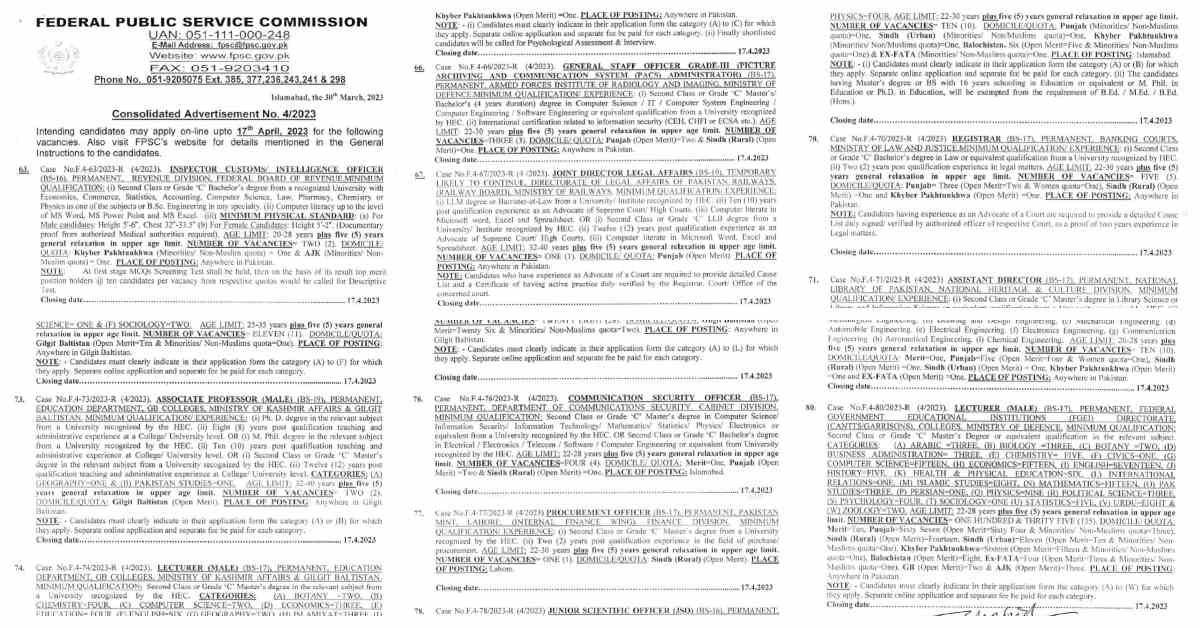 Featured Image FPSC Jobs 2023 Consolidated Advertisement No 4/2023 Apply Online