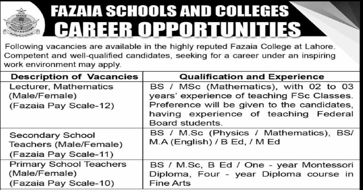 Featured Image Fazaia Intermediate College Munir Road Jobs 2023 Lahore Cantt Teaching Positions Available