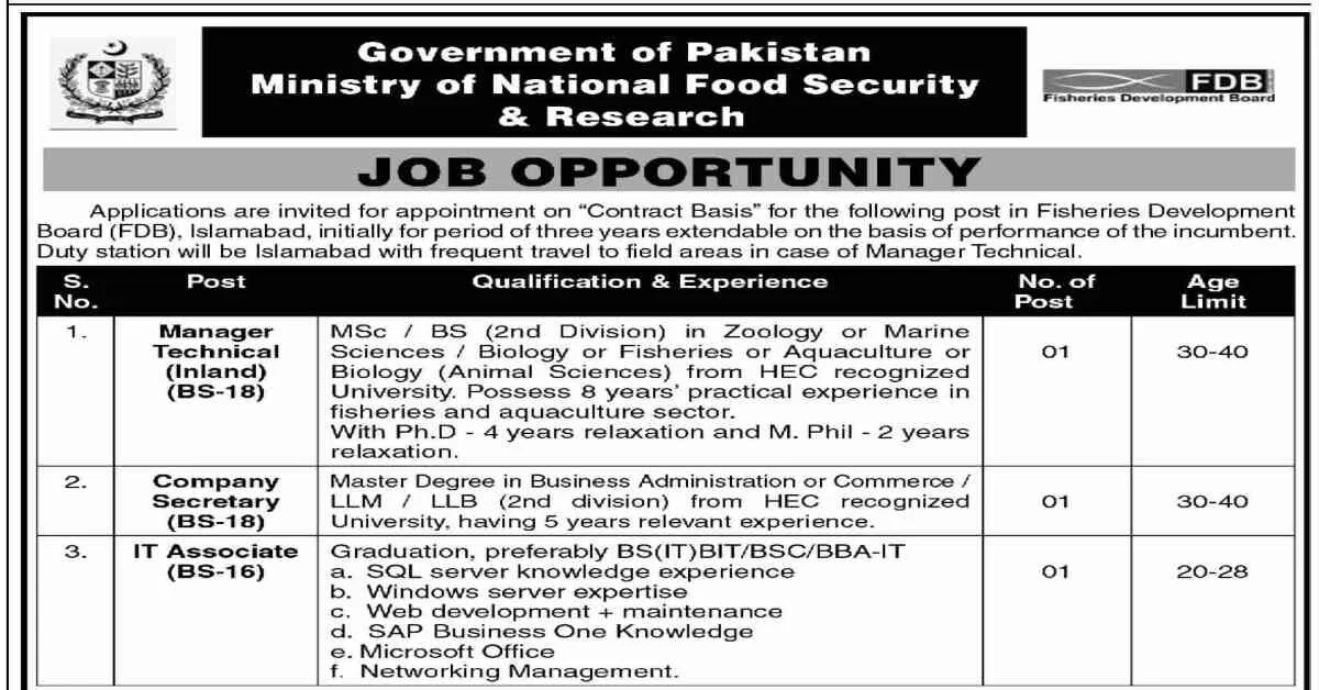 Featured Image Fisheries Development Board FDB Jobs 2023 Apply Online: Ministry of National Food Security & Research