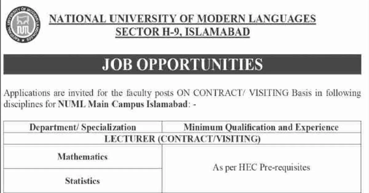 Featured Image NUML University Islamabad Faculty Jobs 2023: Join as a Lecturer in Mathematics and Statistics