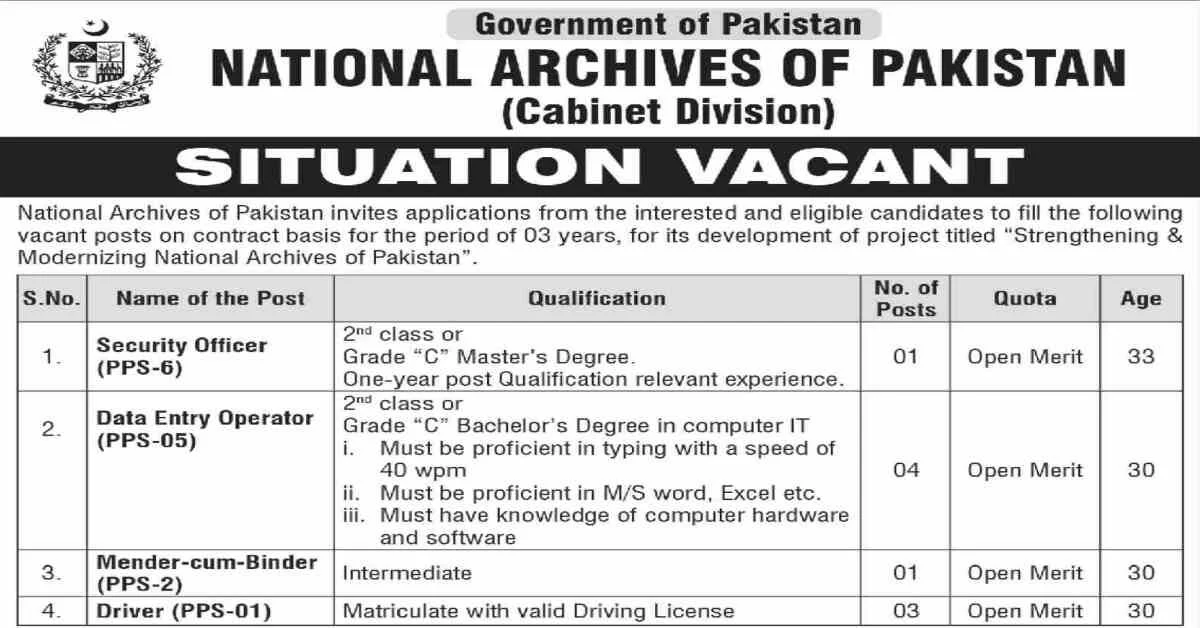 Featured Image National Archives of Pakistan Jobs 2023 Cabinet Division Apply Online through njp.gov