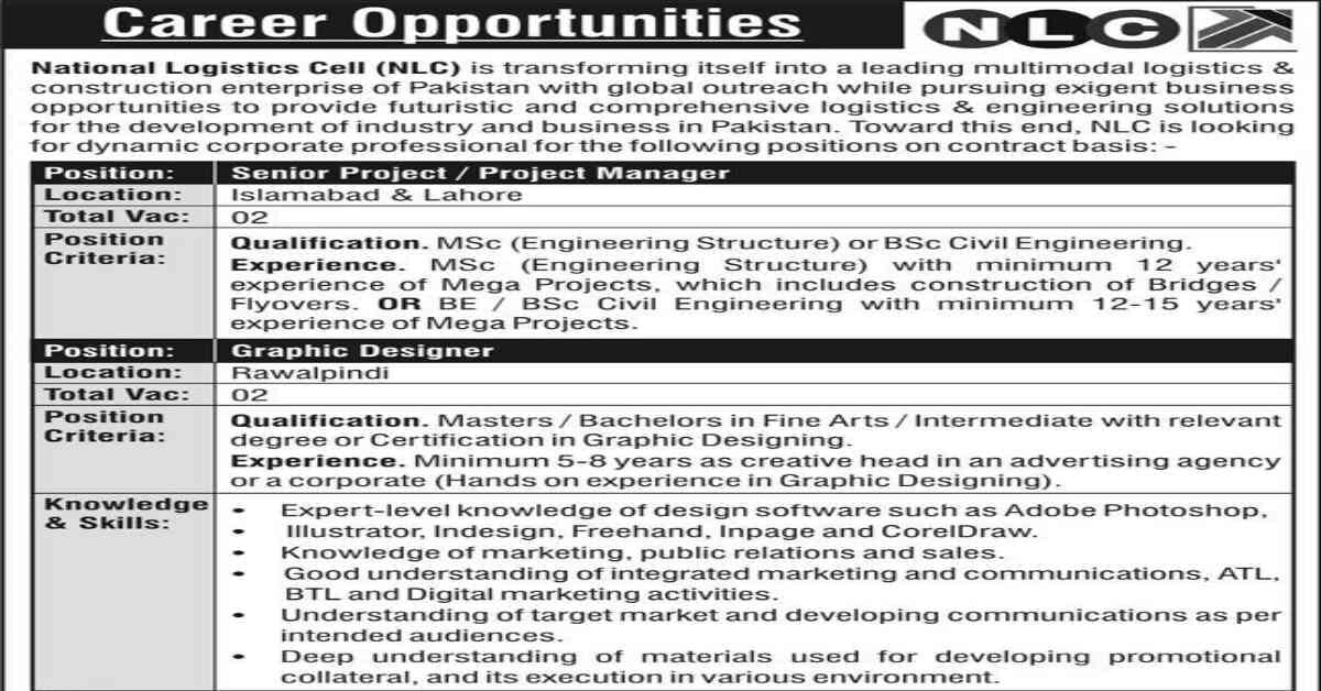 Featured Image National Logistics Cell NLC Jobs 2023 for Project Manager and Graphic Designer