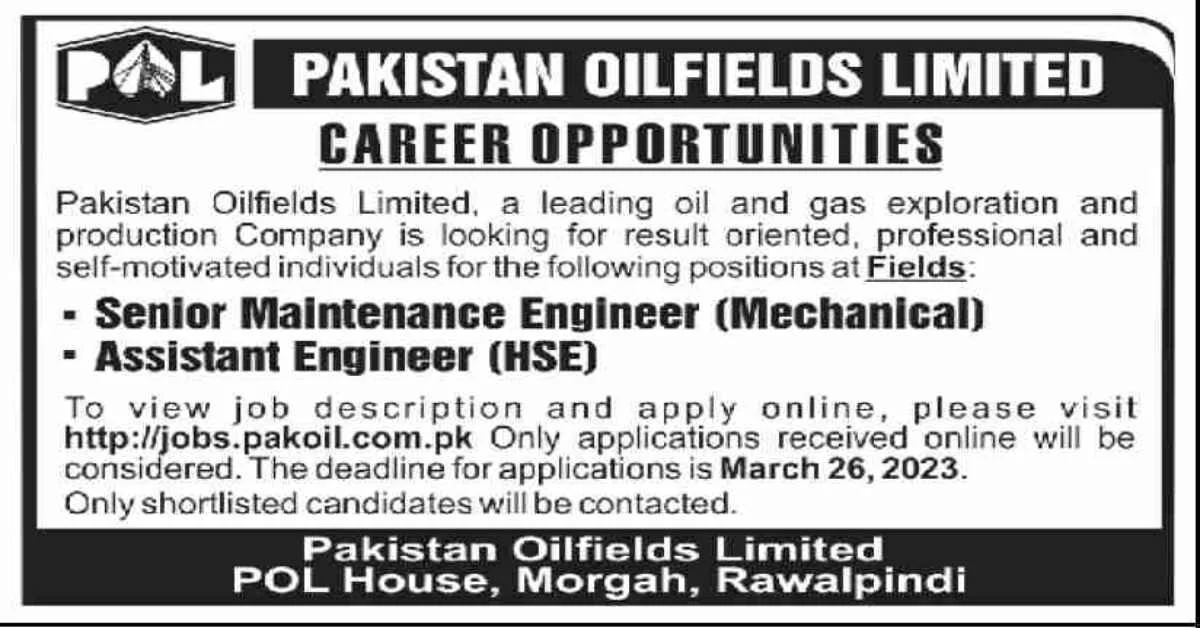 Featured Image Pakistan Oilfields Limited POL Jobs 2023 for Senior Maintenance Engineer and Assistant Engineer HSE