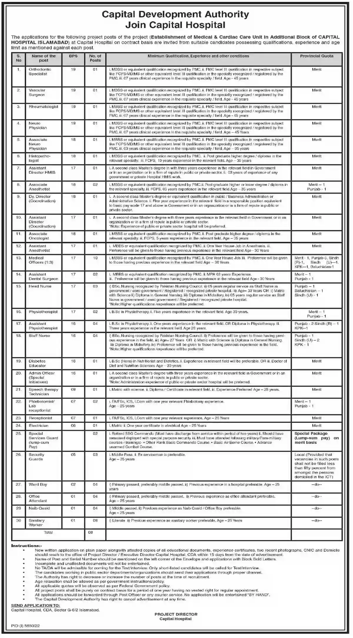 Join CDA Hospital Jobs 2023 Employment Opportunities in Capital Development Authority Islamabad latest advertisement