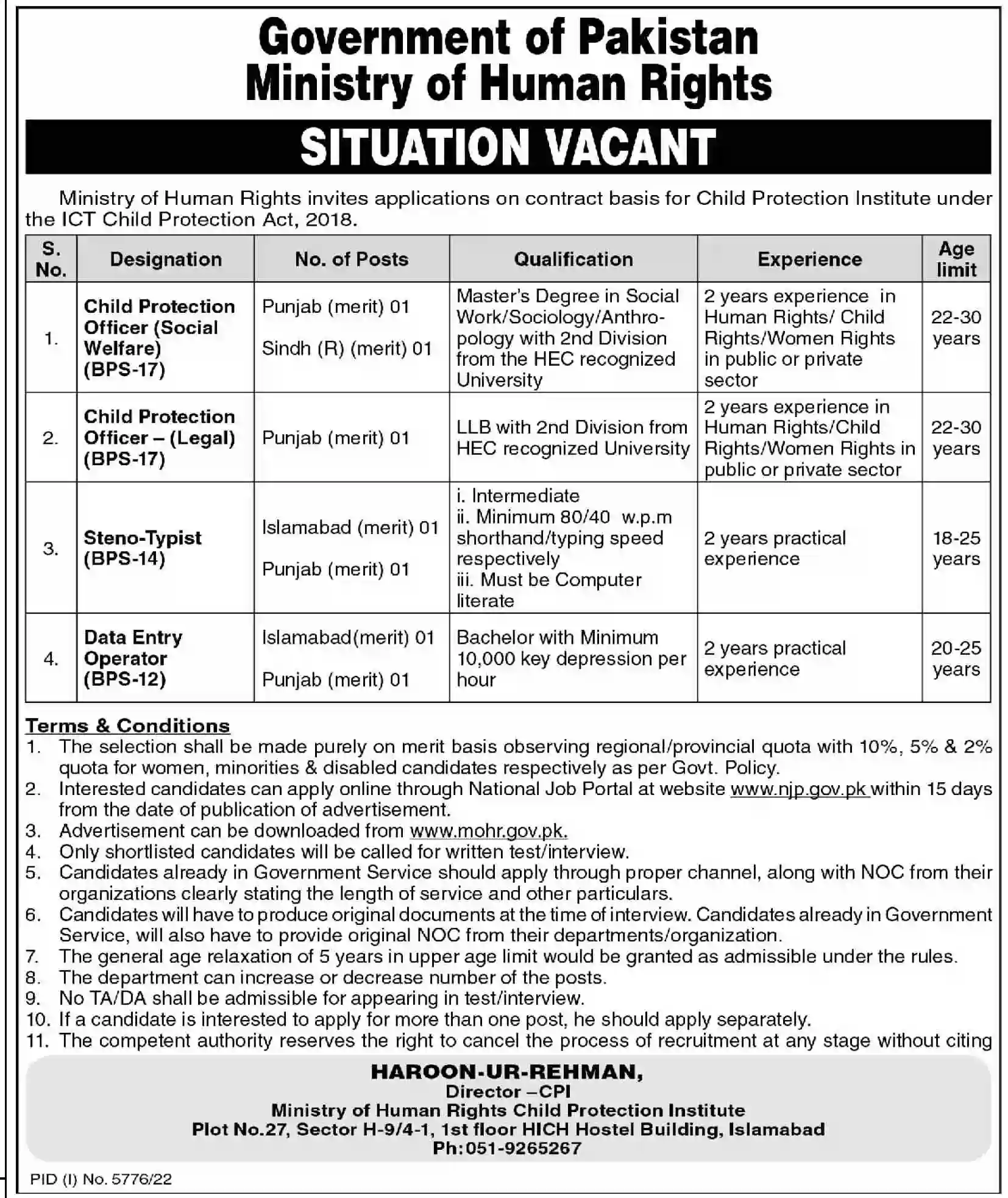 Govt Jobs in Pakistan Online Apply – Ministry of Human Rights MOHR Jobs 2023