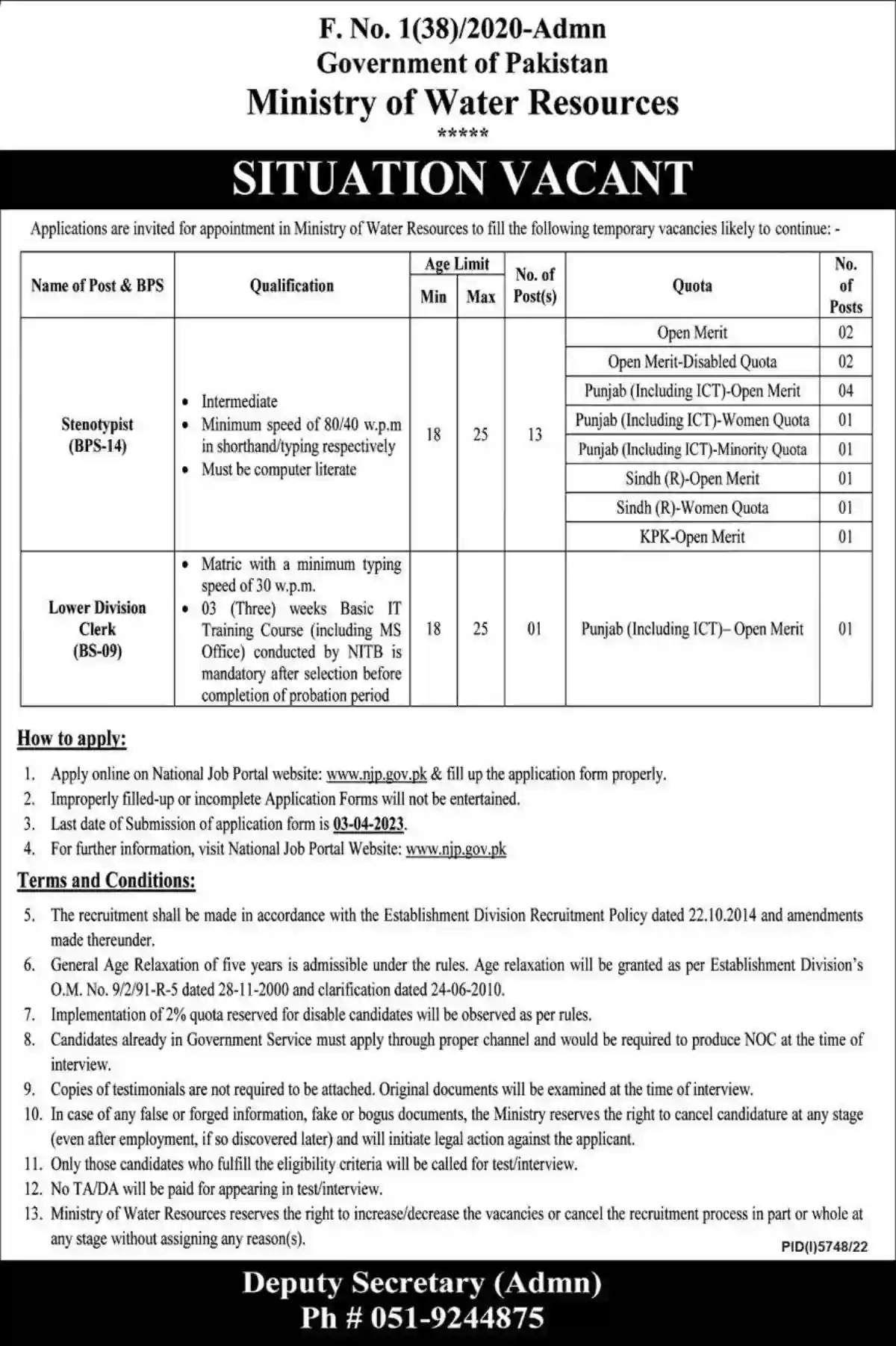 Govt Jobs in Pakistan Today – Ministry of Water Resources MOWR Jobs 2023 Apply Online at njp.gov.pk
