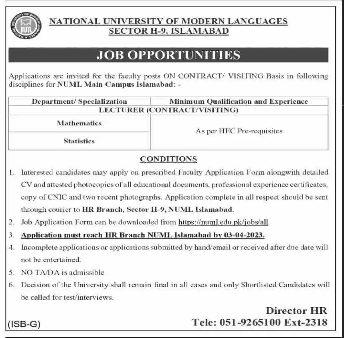 NUML University Jobs 2023 – National University of Modern Languages Jobs 2023