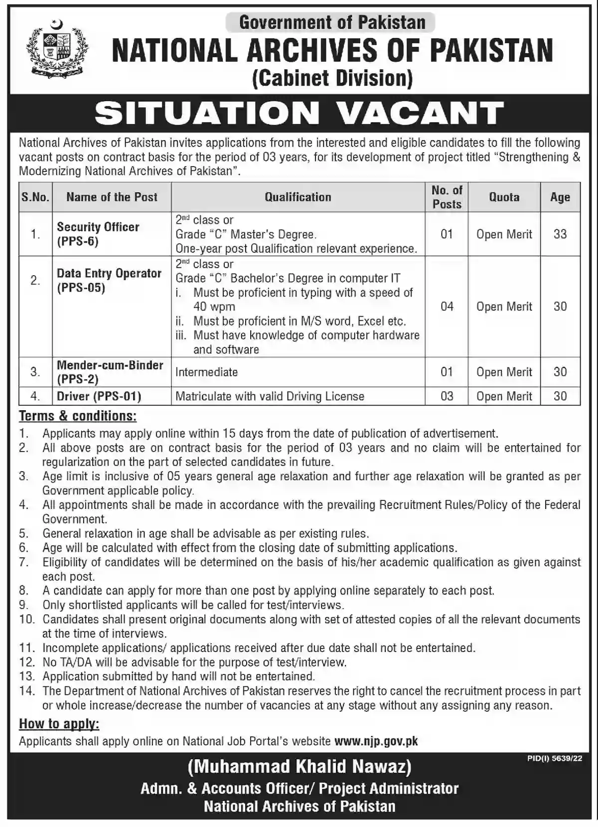 National Archives of Pakistan Jobs 2023 Cabinet Division Apply Online through njp.gov.pk
