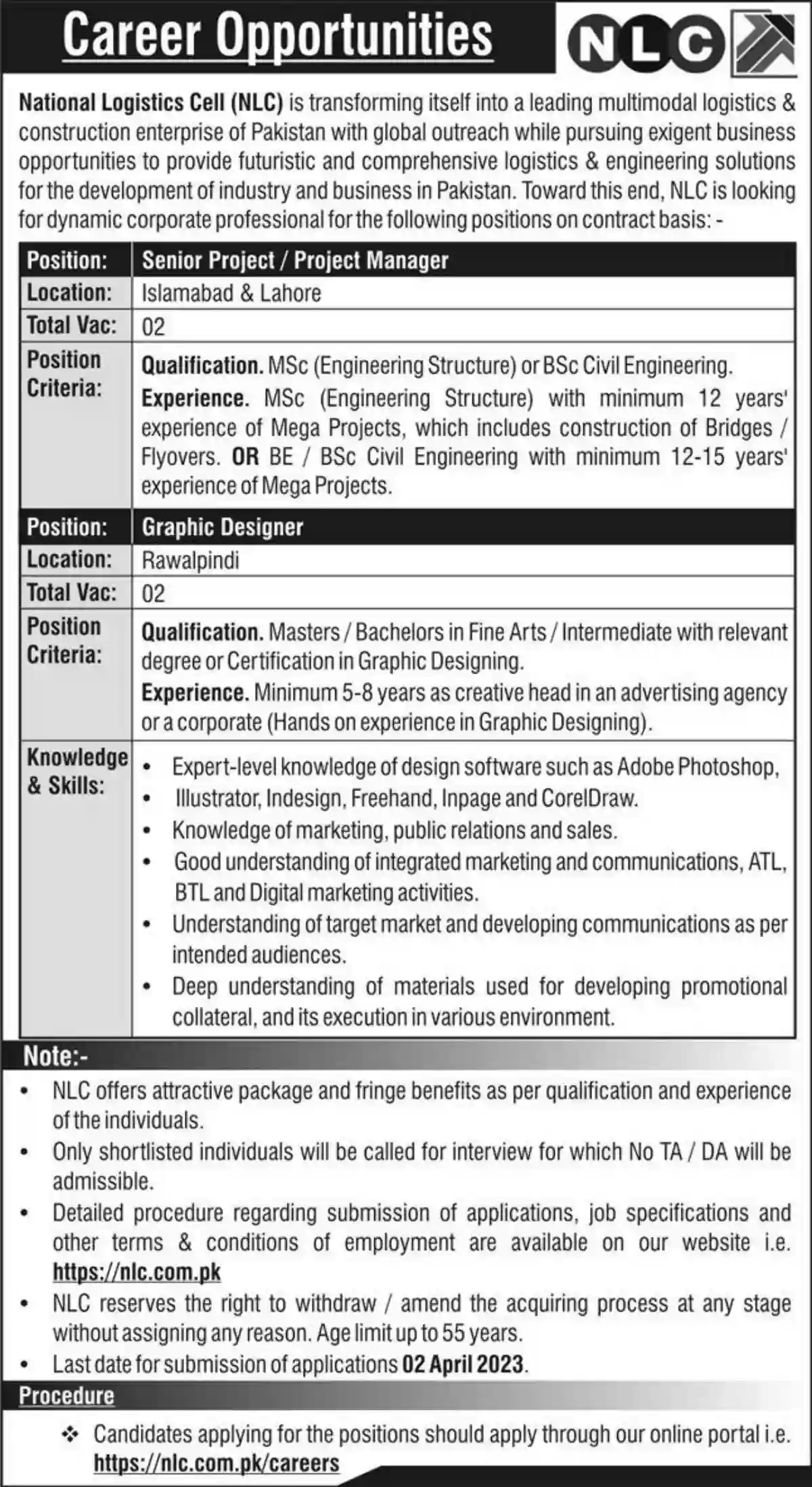 National Logistics Cell NLC Jobs 2023 for Project Manager and Graphic Designer latest