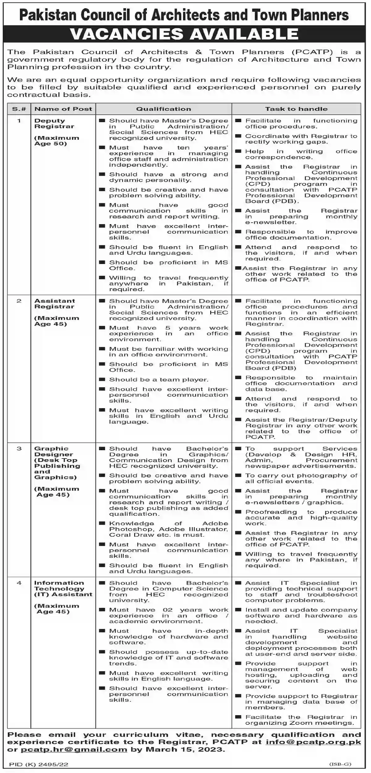 Federal Government of Pakistan Jobs – Pakistan Council of Architects and Town Planners PCATP Jobs 2023